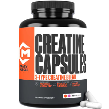 Creatine Capsules, 5g Premium 3X ThreeAtine Pre Workout Bulk Muscle Mass Gainer, High Absorption Easy to Take Creatine Monohydrate Pills Alternative Optimum Performance for Men Women, 180 Capsules Crazy Muscle buy supplements canada