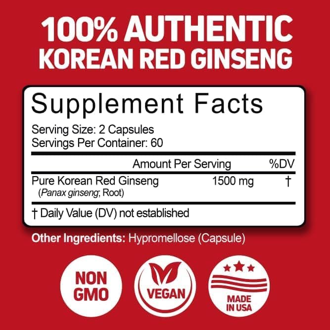 Herbtonics Korean Red Panax Ginseng 1500mg - Energy Supplement for Peak Performance, Focus & Vitality - High Potency Ginseng Root Extract - 120 Vegan Capsules Herbtonics buy supplements canada