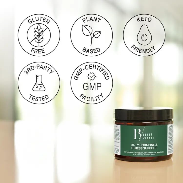 BODi Belle Vitale Daily Hormone & Stress Support - Ashwagandha & Rhodiola - Helps Combat Stress & Supports Healthy Cortisol Levels - Vitamin B12 Help Energy Metabolism & Immune Health - 60 Capsules BODi buy supplements canada