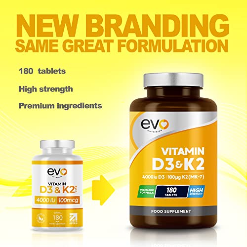Vitamin D3 4000iu & Vitamin K2 100ug (MK7) |180 Vegetarian Tablets | 1-A-Day | 6 Month EVO NUTRITION buy supplements canada