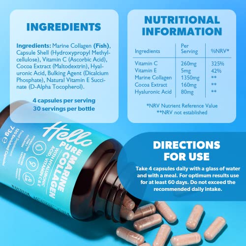 Marine Collagen Capsules - 1855mg - 120 Capsules - Enriched with Hyaluronic Acid & Vitamins C & E Hello Pure buy supplements canada