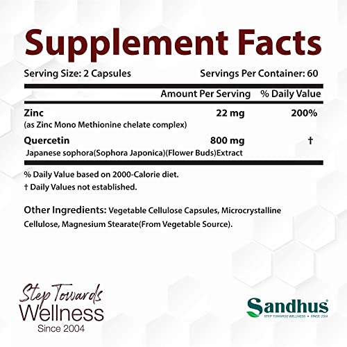 Sandhu's Zinc Quercetin 120 Vegetarian Capsules – Zinc Supplements for Antioxidant Sandhu's buy supplements canada