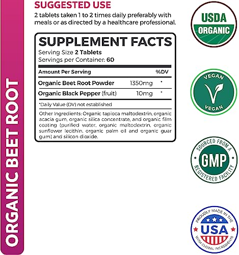 USDA Organic Beet Root Powder (120 Tablets) 1350mg Beets Per Serving with Black Pepper Healths Harmony buy supplements canada
