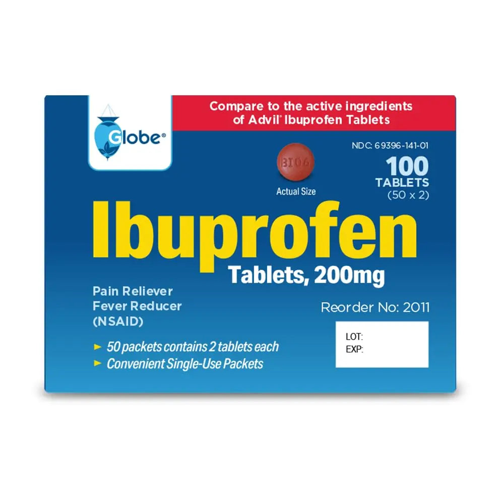 Globe Ibuprofen Tablets, 200 mg, Pain Reliever and Fever Reducer, for Headache, Muscular Aches, Arthritis, Backache and More 50 Packets of 2 Tablets Each,100 Tablets Trifecta Pharmaceuticals USA buy supplements canada