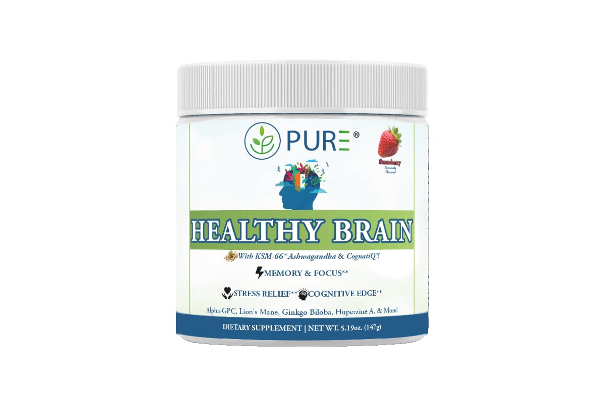 PURE® Healthy Brain Nootropic Powder - 30 Servings - 1.25g Lion’s Mane, 600mg Alpha-GPC & KSM-66® Ashwagandha - Cognitive Support for Memory, Focus & Stress Relief - 147 Grams, Strawberry Flavor! PURE buy supplements canada