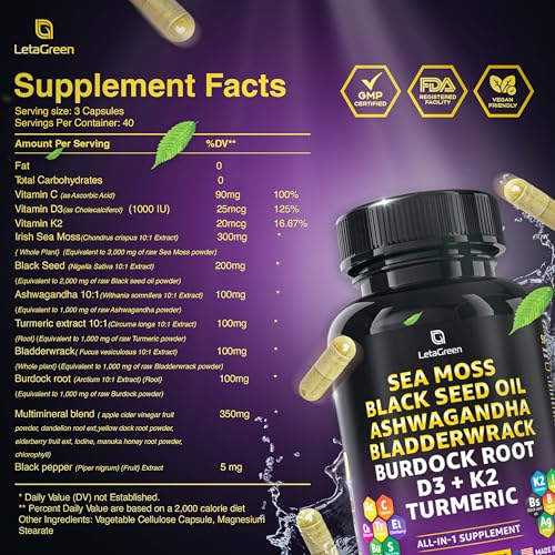 LetaGreen Irish Sea Moss Capsules – 120 Wildcrafted Sea Moss Pills with Black Seed Oil LetaGreen buy supplements canada