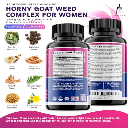 Helix Heal Libido Booster for Women Fast Acting with Horny Goat Weed - Female Desire Pills with Maca Root, Tribulus Terrestris, Ginseng and Hornygoatweed Women - Hormone Balance, Made in USA (60 ct) Helix Heal buy supplements canada