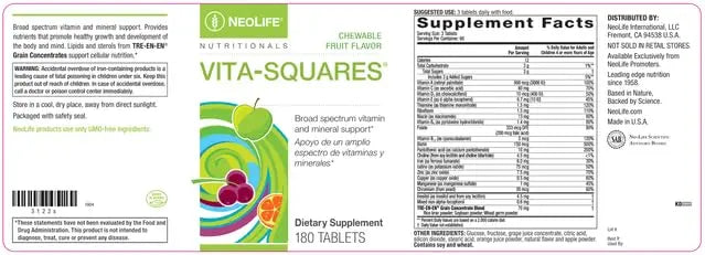 NeoLife Vita-Squares - Chewable Multivitamin for Kids, 18 Essential Vitamins & Minerals, Iron, Zinc, Vitamin D3, B-Complex NeoLife buy supplements canada