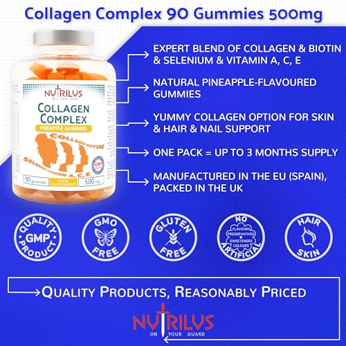 Collagen Complex 90 Natural Pineapple Gummies 500mg - Large Pack - with Biotin & Selenium Nutrilus buy supplements canada