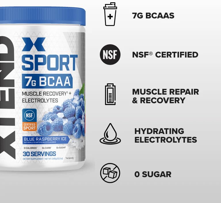 XTEND Sport BCAA Powder Blue Raspberry Ice - Electrolyte Powder for Recovery & Hydration with Amino Acids - 30 Servings Scivation buy supplements canada