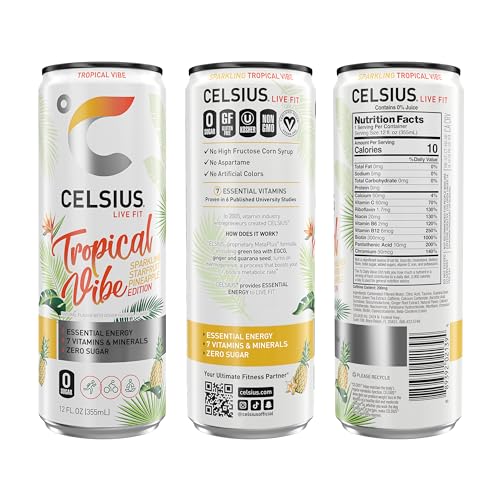 CELSIUS Sparkling Tropical Vibe, Functional Essential Energy Drink 12 Fl Oz (Pack of 12) CELSIUS buy supplements canada