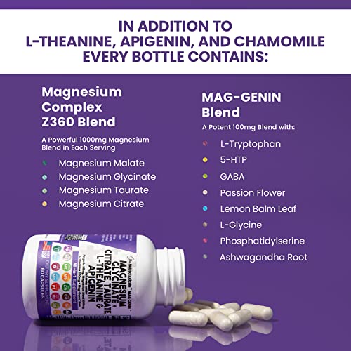 Magnesium Glycinate Complex 1000mg with L-Theanine 200mg Apigenin 50mg Citrate Taurate Supplement - 5-HTP GABA Passion Flower Lemon Balm L-Glycine Phosphatidylserine Ashwagandha - USA Made Clean Nutra Clean Nutraceuticals buy supplements canada