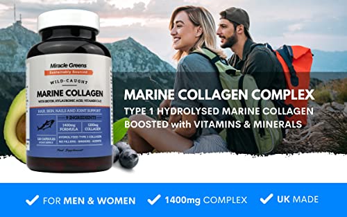Marine Collagen 1400mg | 120 Capsules with Biotin, Hyaluronic Acid, Vitamin C, E, B2, Zinc, Copper & Iodine Miracle Greens buy supplements canada