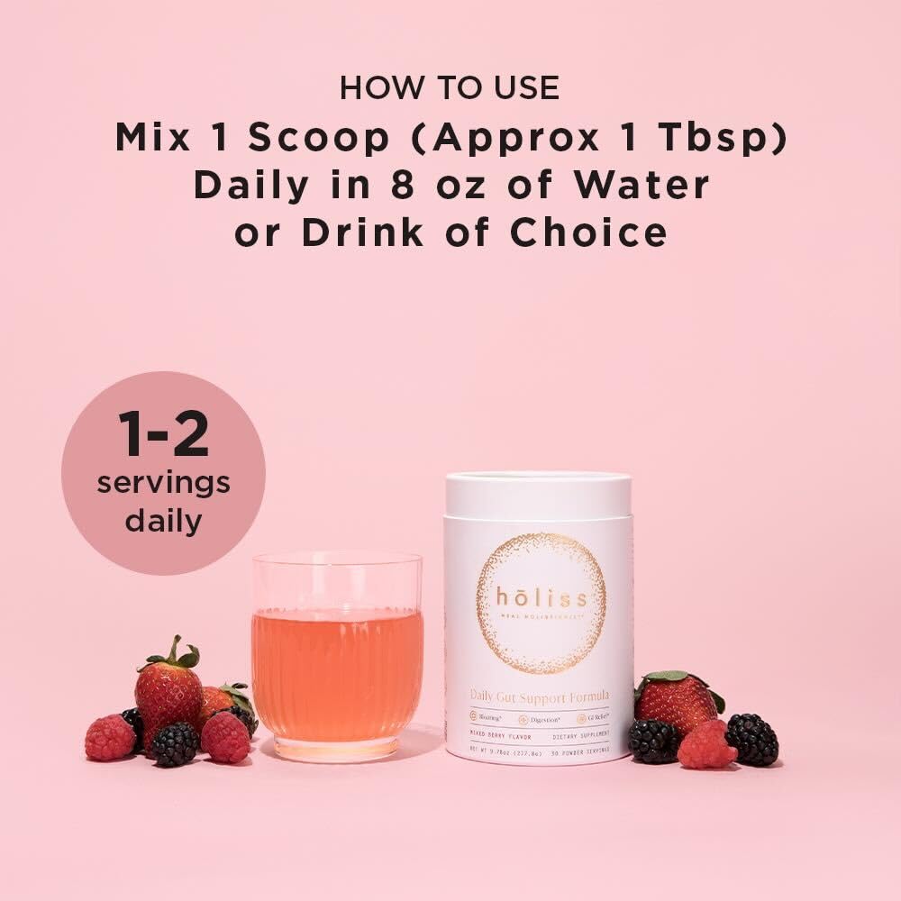 HOLISS Daily Gut Health Kit – 6-in-1 All Natural Supplement, Bloat & Gas Aid, GI Lining Repair, IBS Support – Lemon Balm, L-Glutamine, PepZinGI, Mixed Berry, 30 Servings, Electric Mixer & Spoon HOLISS buy supplements canada