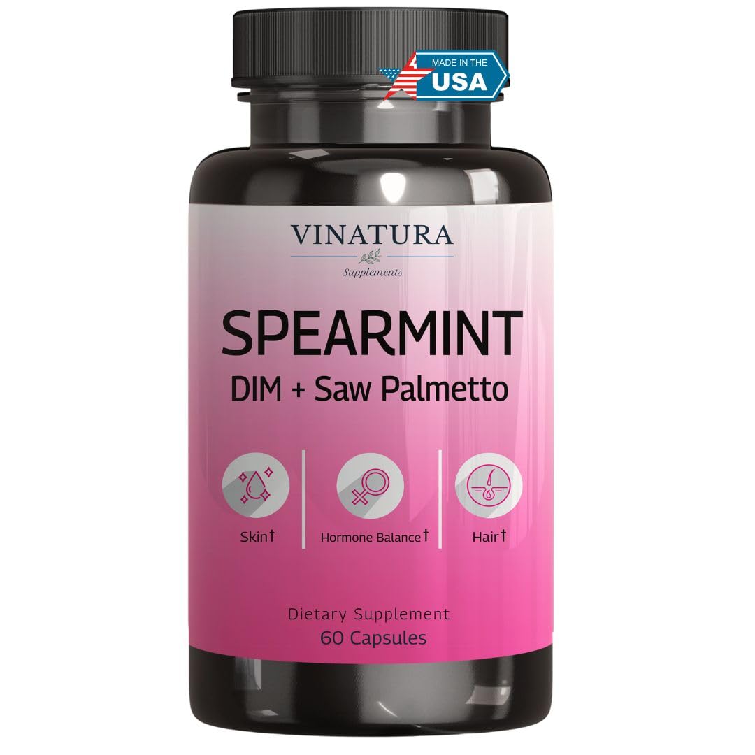VINATURA Spearmint Leaf Capsules Supplement - Enhanced with DIM & Saw Palmetto, for Unwanted Hair, Women' Health & Skin *USA Made & Tested* - 1380mg/serving, 60 Capsules (30 Servings) VINATURA buy supplements canada