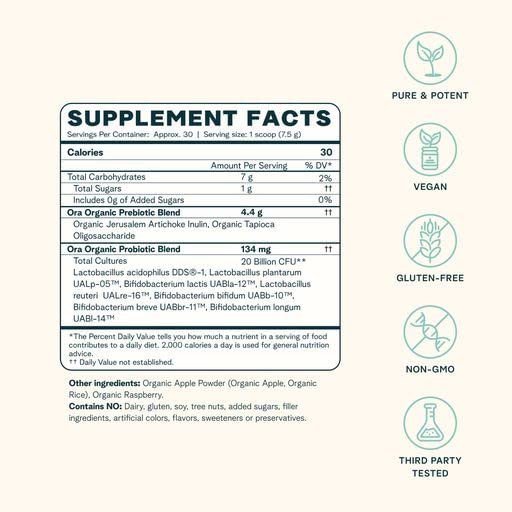 Ora Organic Prebiotic and Probiotic Powder Supplement - 20 Billion Probiotics, 7 Strains for Best Prebiotic Powder, Non-GMO, Probiotics for Women, Men & Kids - Apple Raspberry Flavor, 30 Servings… Ora Organic buy supplements canada