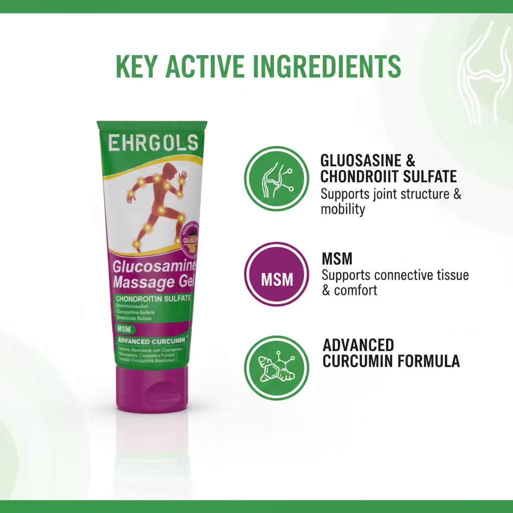 Ehrgols Advanced Joint Massage Gel with Glucosamine & Turmeric | Intensive Care Rub for Knees, Back, Shoulders & Hands | Non-Greasy | Deep Penetrating | 3.4 Fl Oz Ehrgols buy supplements canada