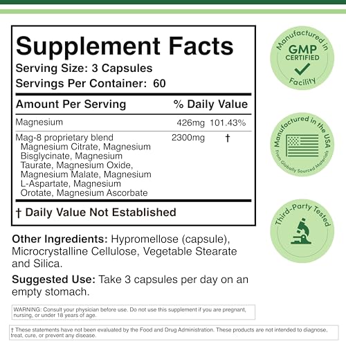 Magnesium Complex Supplement 180 Capsules (426mg Elemental Magnesium Provided by 2,300mg of Eight Different Forms of Magnesium) MAG-8 Provides 100% Daily Recommended Value of Magnesium by Double Wood Double Wood Supplements buy supplements canada