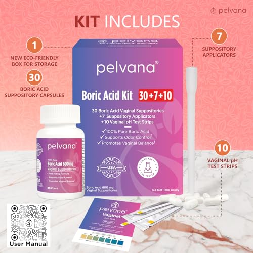 Pelvana Boric Acid Suppositories for Women 30 + 7 Applicators + 10 pH Test Strips Pelvana buy supplements canada