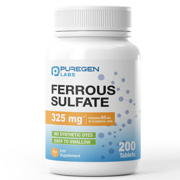 Puregen Labs Ferrous Sulfate 325 mg (65 mg Elemental Iron) High Potency Iron Supplement | No Artificial Color Additives - 200 Tablets P Puregen Labs buy supplements canada