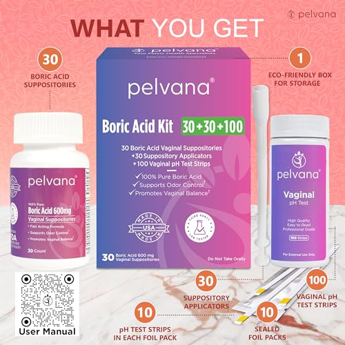 Pelvana Boric Acid Suppositories 30 + 30 Applicators + 100 pH Test Strips = 160 Piece Pelvana buy supplements canada