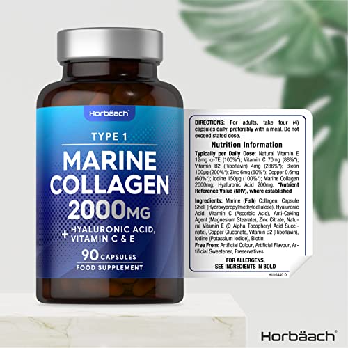 Marine Collagen Capsules | with Hyaluronic Acid, Vitamin C & E | 2000mg | High Strength Type 1 Collagen Horbäach buy supplements canada
