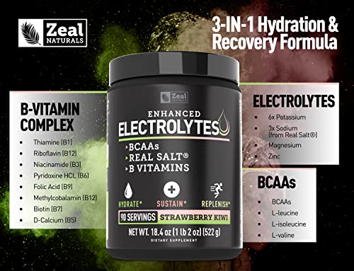 Enhanced Electrolyte Powder (Strawberry Kiwi | 90ct.) Sugar Free + BCAA, B-Vitamins Zeal Naturals buy supplements canada