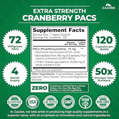 Zazzee Cranberry PACs, 72 mg PACs per Capsule, 2X Strength, 100% Soluble, 120 Vegan Capsules, 50:1 Extract, 18,200 mg Strength, Fast-Acting, Effective Urinary Tract Support, Made in The USA Zazzee buy supplements canada