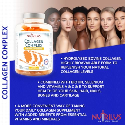 Collagen Complex 90 Natural Pineapple Gummies 500mg - Large Pack - with Biotin & Selenium Nutrilus buy supplements canada