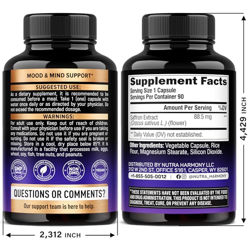 Natural Saffron Supplements - Pure Saffron Extract 88.5 mg - Made in USA - Mood | Focus | Vision | Energy Support - Eye Health for Women & Men - NonGMO Vegan Pills - 90 Powder Capsules, 3 Month Supply NUTRAHARMONY buy supplements canada