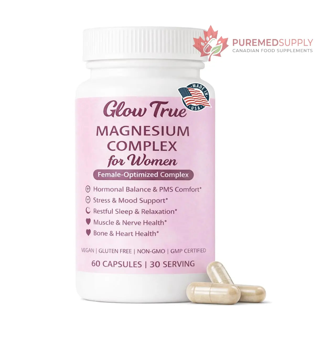 Magnesium Complex for Women – Spectrum 5-Form Magnesium Complex (500 mg), High Absorption Glycinate, Citrate, Oxide & Malate – Vegan, Non-GMO Supports Sleep, Energy, Hormone & Bone – 60 Capsules GlowTrue buy supplements canada