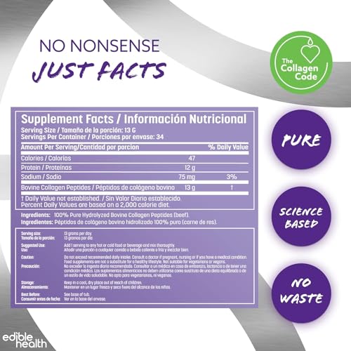 Premium Collagen Powder. Types 1 and 3, Protein Peptides, 18 Amino Acids. 400g. Edible Health buy supplements canada