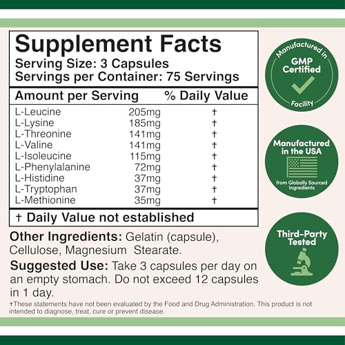 Essential Amino Acids - 1 Gram Per Serving Powder Blend of All 9 Essential Aminos (EAA) and All Branched-Chain Aminos (BCAAs) (Leucine, Isoleucine, Valine) 225 Capsules Double Wood Supplements buy supplements canada