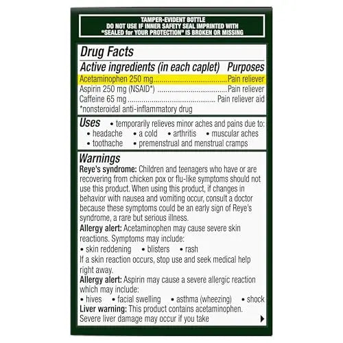 Excedrin Extra Strength Caplets for Headache Pain Relief, Acetaminophen 250mg, Aspirin 250mg, Caffeine 65mg, Pain Reliever, 24 count Excedrin buy supplements canada