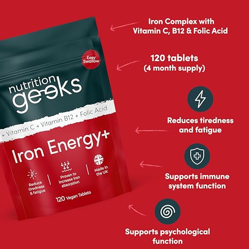 Iron Tablets High Strength Tablets with Vitamin C, B12 & Folic Acid - 120 Vegan Supplement Nutrition Geeks buy supplements canada