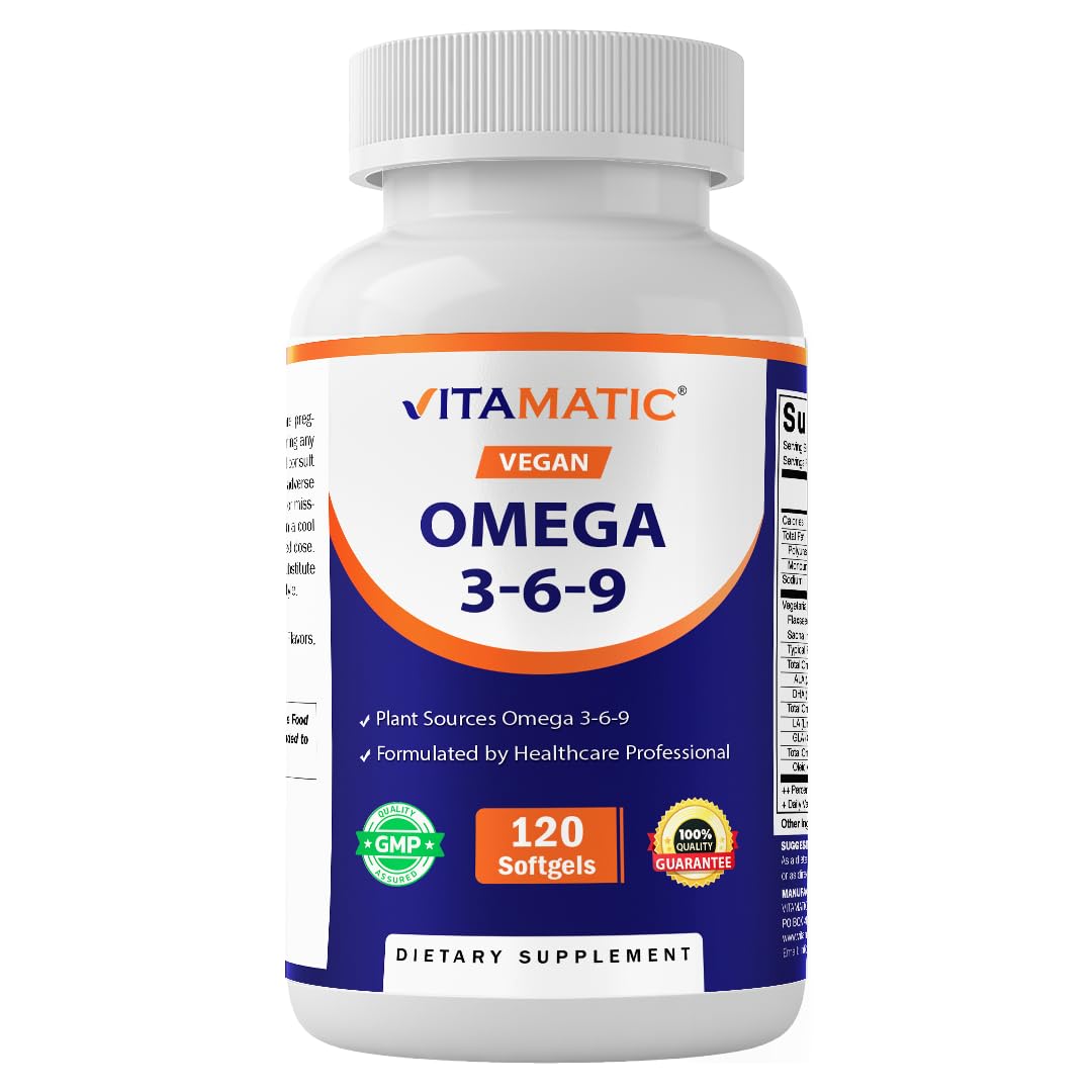 Vitamatic Vegan Omega 3-6-9 Complex 1250mg | Flaxseed, Olive, Borage & Algae Oils | Plant-Based Omegas | 120 Softgels Vitamatic buy supplements canada