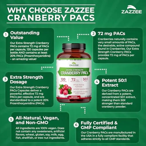 Zazzee Cranberry PACs, 72 mg PACs per Capsule, 2X Strength, 100% Soluble, 120 Vegan Capsules, 50:1 Extract, 18,200 mg Strength, Fast-Acting, Effective Urinary Tract Support, Made in The USA Zazzee buy supplements canada