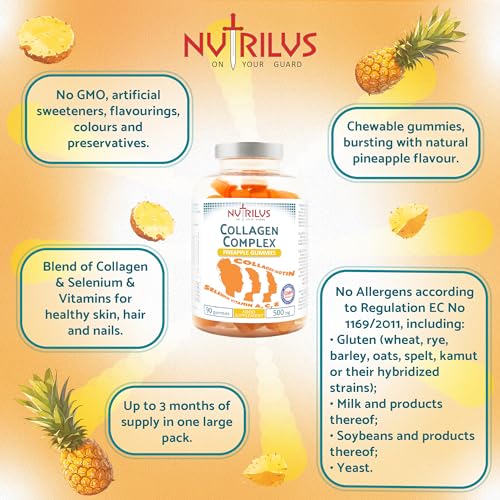 Collagen Complex 90 Natural Pineapple Gummies 500mg - Large Pack - with Biotin & Selenium Nutrilus buy supplements canada