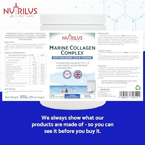Hydrolysed Marine Collagen Powder 300g with Hyaluronic Acid and Vitamins - 29 Servings Nutrilus buy supplements canada