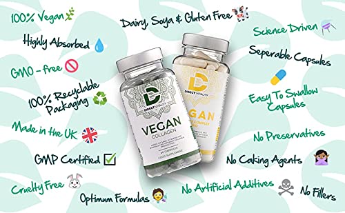Vegan Collagen Supplement - 1400mg, Spirulina, L-Lysine, L-Proline, Acerola Cherries , Vitamin C & B12, Zinc, Hyaluronic Acid, UK Made D Direct Vitality buy supplements canada