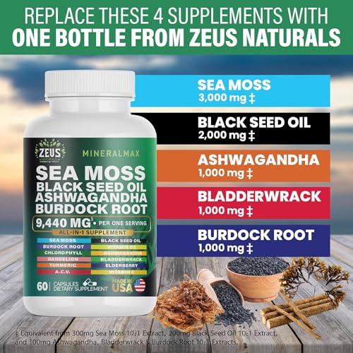 Sea Moss Capsules with Black Seed Oil, Burdock Root, Bladderwrack, Turmeric, Ashwagan Zeus Naturals buy supplements canada
