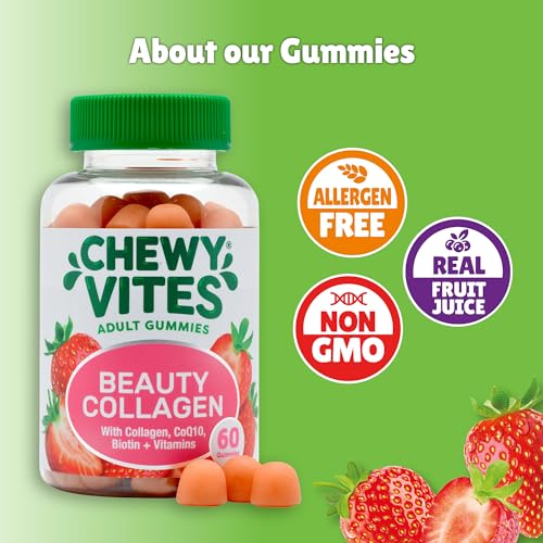 Chewy Vites Beauty Collagen 60 Gummy Vitamins |Hydrolised Collagen, CoQ10, Biotin + Vitamins | 1 Month Supply | Real Fruit Juice | Berry Flavour | 2-a-Day | CHEWY VITES buy supplements canada
