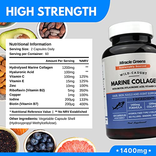 Marine Collagen 1400mg | 120 Capsules with Biotin, Hyaluronic Acid, Vitamin C, E, B2, Zinc, Copper & Iodine Miracle Greens buy supplements canada