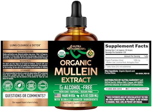 Mullein Drops for Lungs - USDA Organic Liquid - Mullein Leaf Extract Supplement - Made in USA - Lung & Bronchial Cleanse for Smokers - Respiratory Health Support NUTRAHARMONY buy supplements canada