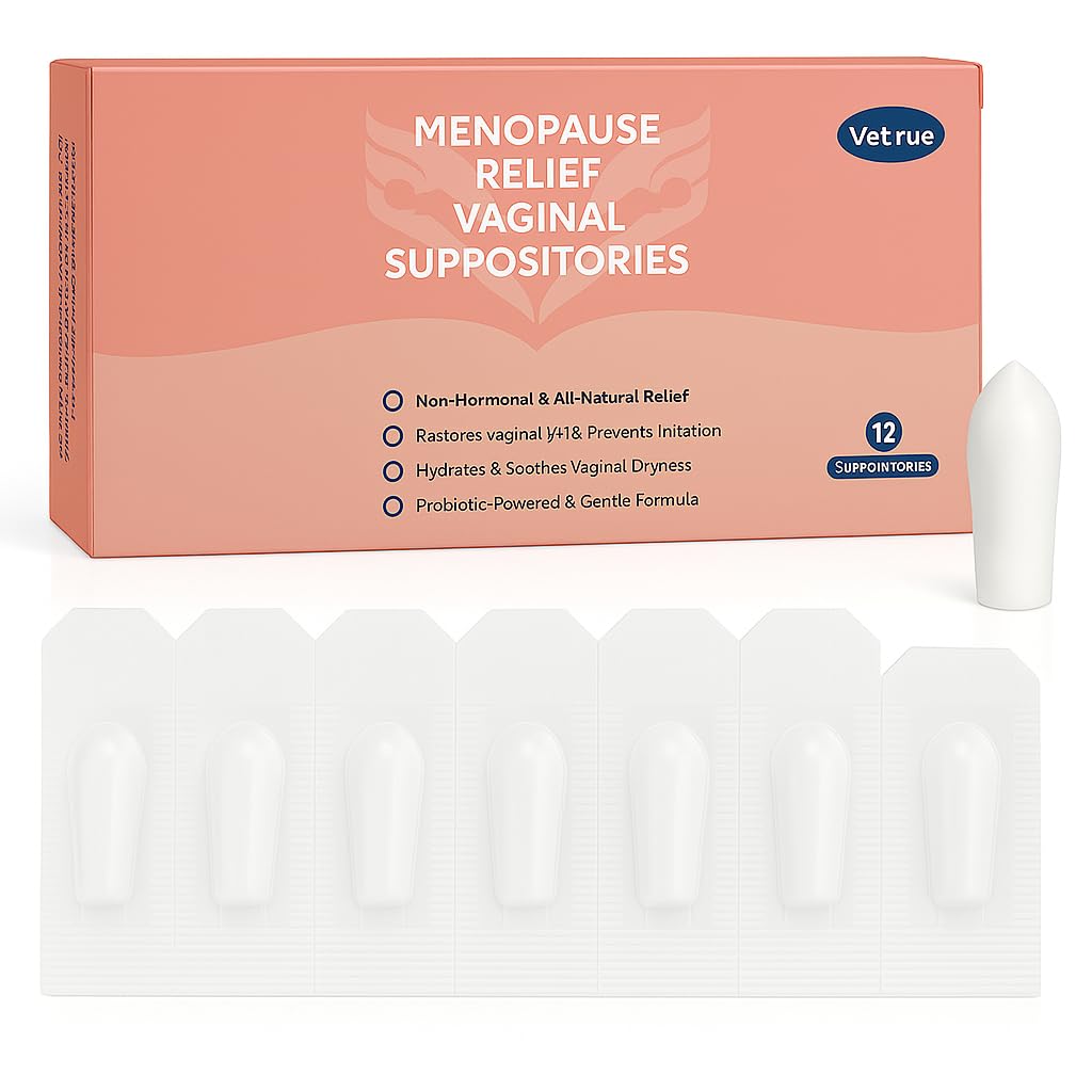 Vetrue Menopause Relief Vaginal Suppositories, Non-Hormonal, All-Natural Formula with Boric Acid, Hyaluronic Acid, Probiotics, Coconut Oil & Vitamin E, Soothes Vaginal Dryness & Discomfort(12 Inserts) vetrue buy supplements canada