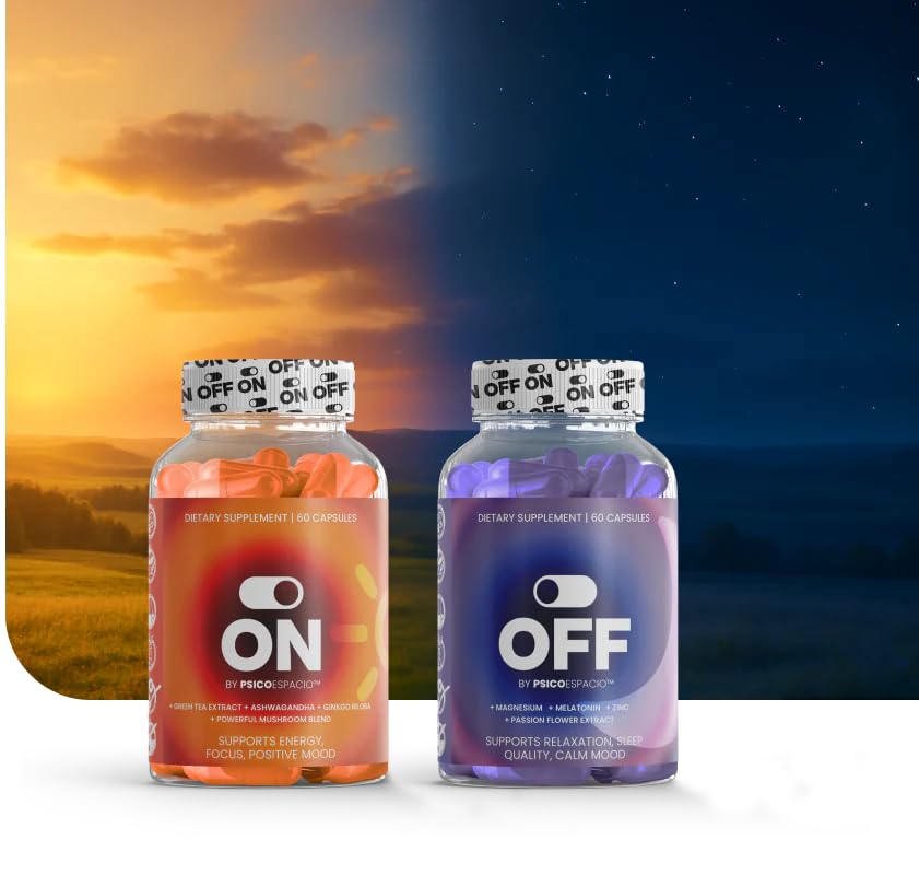 PSICÓESPACIO ON & Off Day & Night Supplement Bundle – Natural Energy with Ashwagandha + Sleep Aid with Melatonin & L-Theanine for Adults, Focus, Relaxation & Mood Support, 60 Count Each OFF BY PSICOESPACIO buy supplements canada