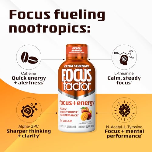 Focus Factor Extra Strength Focus + Energy Shots - 12 x 2oz Bottles (Peach Mango Flavor) - Powered by Nootropics with Caffeine, L-Theanine, Ginkgo, Bacopa, L-Tyrosine, Alpha GPC Focus Factor buy supplements canada
