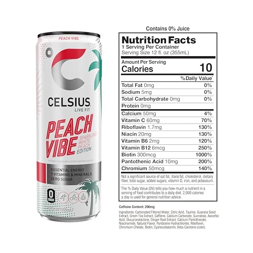 CELSIUS Sparkling Peach Vibe, Functional Essential Energy Drink 12 Fl Oz (Pack of 12) CELSIUS buy supplements canada