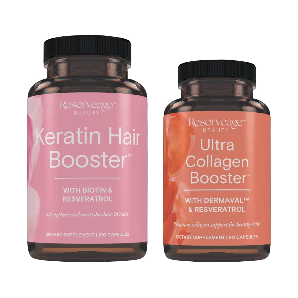 Reserveage Ultra Collagen Booster & Keratin Hair Booster - Features Dermaval, Biotin & Resveratrol - Support Hair & Skin - 90 Ultra Collagen Booster Capsules, 120 Keratin Hair Booster Capsules Reserveage Nutrition buy supplements canada