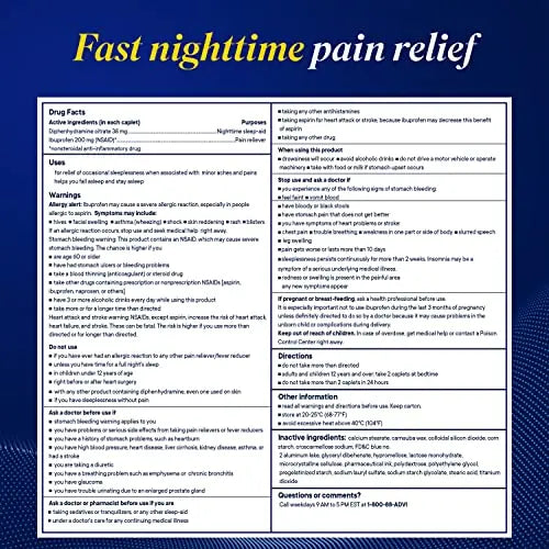 Advil PM Pain Reliever and Nighttime Sleep Aid, Pain Medicine with Ibuprofen for Pain Relief and Diphenhydramine Citrate for A Sleep Aid - 120 Coated Caplets (Pack of 2) Advil buy supplements canada